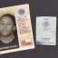 Placeholder: full view of a realistic, United States passport card with photo of person, transparent background.