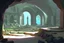Placeholder: back ground distorted, A huge stone monument is placed in the center of the cave room, many stone monuments of various shapes are placed around the monument, many doors are floating in the room, transparent various colored tubes are floating