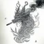 Placeholder: Pencil Sketch a composition where smoke transforms into a mythical creature, intertwining with intricate patterns formed by crushed weed leaves, creating a visually captivating and balanced artwork.