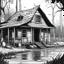 Placeholder: swamp shack, clean line art, line art, Black and white, coloring page, realistic, unique, unique style, masterpiece, variation, clean coloring page, illustration,