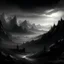 Placeholder: A dark fantasy landscape, dreams, magic, mountains, shadows, black and gray