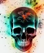 Placeholder: realistic skull. black background. smoke and explode. particles in air. teal and orange. watercolor and ink.