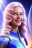 Placeholder: young cosmic woman smile, admiral from the future, one fine whole face, large cosmic forehead, crystalline skin, expressive blue eyes, blue hair, smiling lips, very nice smile, costume pleiadian,rainbow ufo Beautiful tall woman Galactic commander, ship, perfect datailed golden galactic suit, high rank, long hair, hand whit five perfect detailed finger, amazing big blue eyes, smilling mouth, high drfinition lips, cosmic happiness, bright colors, blue, pink, gold, jewels, realistic