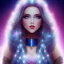 Placeholder: beautiful woman with long hair and smile look the stars and northern aurora blue turquoise lights, blue, pink,