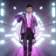 Placeholder: cute asian man in futuristic suits, black and white highlight hair color, pink and purple background, pink lighting, deep purple backlighting, gun, smoke