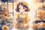 Placeholder: double exposure, flower shop, cute chibi salesgirl in flower uniform in sunshine, watercolor and black ink outlines, sparkling golden glitter, ethereal, cinematic postprocessing, bokeh, dof