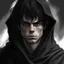 Placeholder: Realistic drawing guy with white skin, short and messy hair that is black with white streaks through it, wearing black cloak