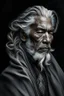 Placeholder: a photo of an Caiucasian man with ethnic jewelry, grey hair and grey flowing robe, in style of Annie Leibovitz, contemporary portrait of a mature yet beautiful and modernist man, black and grey, detailed masculine face, swirling fluid smokey enigma, award-winning artwork