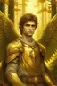 Placeholder: portrait of a celestial male archangel with characteristic clothing, in a forest with golden backgrounds realistic style