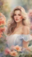 Placeholder: Painting of beautiful girl, flowers background, young face, close-up face, beautiful portrait, watercolor painting, watercolor, by Thomas Kinkade, beautiful painting, vibrant watercolor painting, garden in background, fine art, 8k