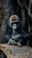 Placeholder: A gorilla in the background of black vein, human veins, mixing together a lot of them, like a forest, big and small veins a lot of them, an army a dead baby monkey sitting on an old broken table