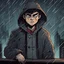 Placeholder: a closeup of a bored psychopathic young man in a heavy coat during a rainstorm cartoon