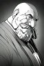 Placeholder: old man in profile smokes a cigar, shot hair, greyscale