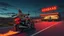 Placeholder: The kebab man driving fast on his holy motorcycle, fire from the exhaust, holy widescreen picture, holy empty road on the holy country at night, comic style, no helmet and he have a long holy black beard, neon kebab signs along the road, jesus stand at his market stand selling holy kebabs, simon stålenhag style