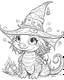 Placeholder: coloring pages for kids, semi-cartoon motif of a little dragon character, witch hat, white background, anime, illustration, dark fantasy, painting, cartoon style, thick lines, low detail, black and white, no shading, --ar 85:110