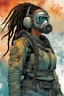 Placeholder: front facing full length portrait illustration of a grunge armored female , beaded dreadlock hair, cyberpunk vampire interstellar mercenary with gas mask, telecommunications headset, and shemagh, highly detailed with gritty post apocalyptic textures, caught in a cosmic maelstrom of swirling gases , finely detailed facial features and hair, in the graphic novel style of Bill Sienkiewicz, and Jean Giraud Moebius, ink wash and watercolor with realistic light and shadow