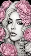 Placeholder: art of a young woman, with blonde hair, a coloring page of a beautiful bouquet of peonies all around her face, only her face shows, her face covered by the bouquet of peonies, with a black background, clear outline, no shadows, 4k