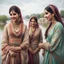 Placeholder: Hyper Realistic Traditional Pakistani girls & women smiling & talking to each other & wearing traditional desi outfit at cloudy weather riverside with lots of other people