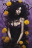 Placeholder: abstract creation of a beautiful girl with black curly hair, surrounded by black roses, wrapped in thick metal chains, glass petals on the ground, autumn and bright yellow and purple colours,dried out thorn bush, chaos,