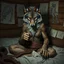 Placeholder: an anthropomorphic wolf woman hybrid with dark brown eyes full furry on her body sitting in the middle of a bed with a sewing needle and thread in her paw sewing a wide material belt, around her in the background are some paper with sketchy line kind drawings from monster on the walls of the wooden house, high realistic, detailed, cinematic, sci-fi, digital art, dark fantasy mood