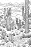 Placeholder: coloring page for kids, , A cute harmonious desert oasis with cacti and mystical patterns, thick outline, low details, no shading, no color