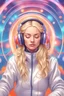 Placeholder: Draw an enlightened blonde in headphones, she is doing meditation. In the space style 3D Bright colors