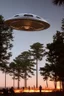 Placeholder: school kids see saucer shaped ufo flying over tall pine trees, near a high voltage powerline with (three lights underneath) and lots of lights all around the edge, the year is 1966 in color, concept art, by Asaf Hanuka, by Weta Digital, Electric Colors, Screen Space Global Illumination, in a symbolic and meaningful style