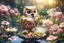 Placeholder: gemstone and jewel owl and small chibi duck in a flowergarden with beautiful flowers, pond, in sunshine, anime, watercolor and black in outlines, golden glitter, ethereal, cinematic postprocessing, bokeh, dof