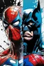 Placeholder: Poster in two gradations, split in half, one side "spiderman", other side "batman", midline of the face, painting by Yoji Shinkawa, solid, pastel and splash colours detailed iridescent, metallic, translucent, dramatic lighting, hyper futuristic, digital art,