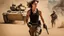 Placeholder: beautiful slender caucasian female technician, black tank top, knife-fighting a giant soldier, running, well toned muscles, weathered face, scratched sand camo metal details, short brunette wavy bob haircut, dystopian, desert scene with smoke and explosions,