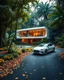 Placeholder: Cozy retreat, futuristic modern house in an tropical forest of vibrant colors. Contemporary design, clean lines and large windows, radiate a feeling of warmth and comfort. A white car parked on the winding road that leads to the house gives a touch of modernity to the rustic surroundings. The path is scattered with leaves. Around the house, mix of green, blue and yellow foliage. 8k