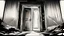 Placeholder: unhinged door, anime, monochrome, black background, ink, simple, maximum quality