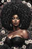 Placeholder: Create an urban art drawing image of a curvy size black female wearing a black off the shoulder blouse and she is looking down with Prominent makeup. Highly detailed tightly curly black afro. Background of large black flowers surrounding her