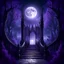 Placeholder: magical gateway, staircase, dark and purple ambient, progressing into star lit sky, big moon above magic forest behind it, gothic, darkness