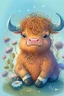 Placeholder: dorable cute happy baby scottish highland cow with dreamy eyes, sitting down and holding a flower, nursery art, very rendered polished Perfect, smooth edges, flawless Facial Features, Stunning, Whimsical Fantasy, Cute, Highly Detailed, Well Rendered, cartoon, illustration