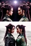 Placeholder: The Matrix twins, dreadlocks, resolution, intricate details, ornate details, soft lighting, vibrant colors, retroanime, masterpiece, intricate eyeliner, dark eyeshadow, eyes, intricate tattoos, natural background, fae, sidhe