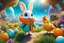 Placeholder: easter holidays, pixar art style of cute pixie smiling bunny with large eyes, little chicken, full body, fresh orange puffer jacket, a colorful intricate HEART shaped planet similar to Tatooine in a brig ażht nebula backdrop, by mobeius, large eastern eggs, in the garden of Eden, stylized vegetation, turquoise water ground-level view, foggy atmosphere, hyper detailed, digital art, trending in artstation, cinematic lighting, unreal engine 5 rendered, octane rendered