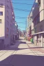 Placeholder: Bauhaus city street, sloped street, street scene, cel - shading, 2 0 0 1 anime, flcl, jet set radio future, golden hour, Swedish town, concentrated buildings, swedish neighborhood, electrical wires, cel - shaded, strong shadows, vivid hues, y 2 k aesthetic