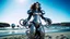 Placeholder: Wide-angle shot of a woman, standing to one side, with dark hair in a silver robotic catsuit, standing on a beach, flying mushrooms with octopus tentacles floating above her