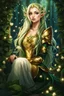 Placeholder: Dark green hair,Rapunzel hair,golden armor,night,sparkle,lily of the valley,ivy,elven warrior,elven ears,burgundy,green,gold,elven crown,extremely long hair