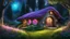 Placeholder: hobbit cottage in the woods surrounded by trees with glow-worms and fireflies with a whimsical like feel, with pinks, blues, purple colors, circular hobbit-style door, glow-worms and fireflies, circular hobbit-style windows, glow-worms and fireflies, green grass roof, glow-worms and fireflies, illustration