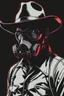Placeholder: western man with wide flat brim hat shading face, wearing a gas-mask, vignette, black and white graphic novel style with a red outline on black background, gothic body horror