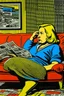 Placeholder: fat woman sitting on sofa READING NEWS PAPER listening to radio watching tv news in a room with signs of propaganda in the style of roy lichtenstein