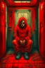 Placeholder: A scary gothic person sits quietly in the middle of a soundproof, padded room conveying intense dramatic emotions in a muted environment, wearing a bright red straitjacket , a mask to cover the mouth area of cannibal evil scary, dark and gothic look, cold eyes, eary ultra detailed,.32k, digital art style with messy paint, hardened sealer appearance, impasto, dramatic Arial view with explosive chaotic background