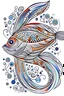 Placeholder: colorful art , free hand drawing themed, fish symmetric patterns, full white, white background, Sketch style, (((((white background))))), with outline, cartoon style