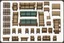 Placeholder: Sprite sheet, furniture, architectural plan, couch, table, chair, top view, dilapidated, post apocalypse,
