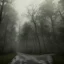 Placeholder: long road in the middle of the forest, with fog, cloudy day with rain, distant old church