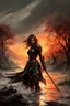 Placeholder: A formidable warrior girl in black armor, on the background Amazing gloomy landscape, flooded with sunset, mountains, trees, fabulous scary hero, , juicy emotions, painting, dark fantasy, bad weather, gloomy day, dark world, by Raymond Swanland & Alyssa Monks & Anna Razumovskaya & James Paick