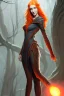 Placeholder: painting of a tall elven young woman with short light orange hair and freckles on the cheak bones and tall body of a topmodel light clothes, long shot, ultra realistic, concept art, intricate details, eerie, highly detailed, photorealistic, octane render, 8 k, unreal engine. art by artgerm and greg rutkowski and charlie bowater and magali villeneuve and alphonse mucha