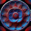 Placeholder: Abstract Simplified Cyan Big Flower. Contrast Black Outline. Smooth Red Wave Background. Axial Symmetrical, Vertical Symmetrical, Horizontal Symmetrical.